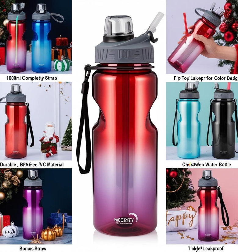 1000ml Gradient Sports Water Bottle with Flip Top and Sealed Cap, BPA- Free PVC Material, Leakproof, Durable with Easy Carry Strap, Ideal for Christmas, Halloween, New Year Festivities- Uncharged Large Capacity Bottle with Bonus Straw